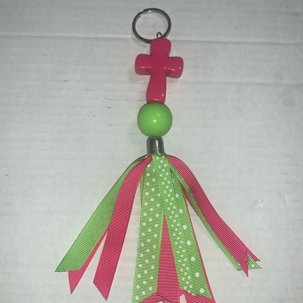Hot Pink Cross & Green Polka Dot Ribbon  Keychain